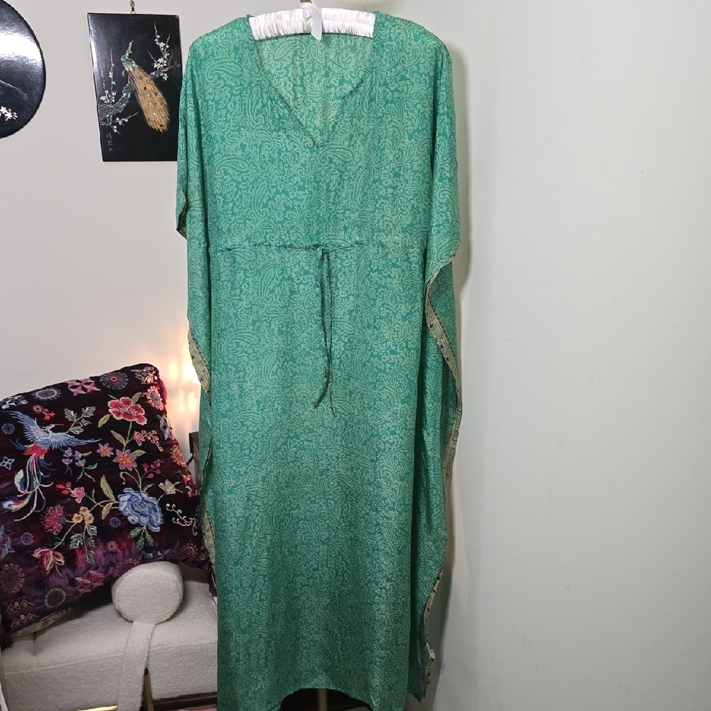 Super Lightweight Silk Blend Green Kaftan Dress